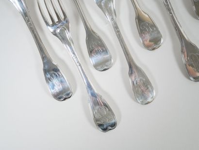 Set of six pieces of silver flatware, Coq...