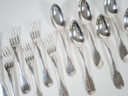 Set of six pieces of silver flatware, Coq...