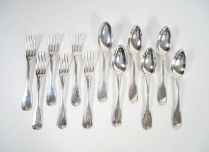 Set of six pieces of silver flatware, Coq...