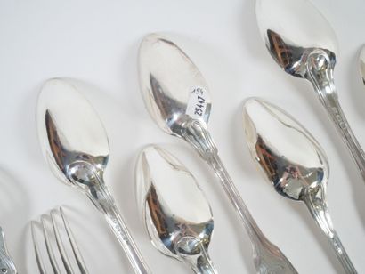 Set of six pieces of silver flatware, Coq...