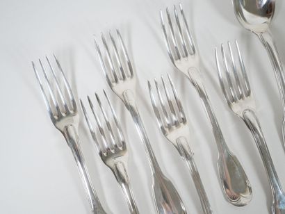 Set of six pieces of silver flatware, Coq...