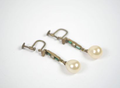 Pair of metal earrings adorned with green...