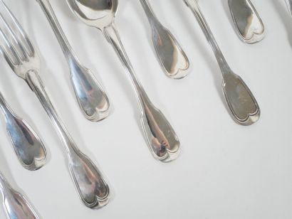 Set of six pieces of silver flatware, Coq...