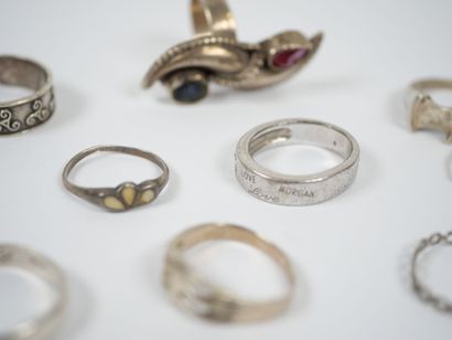 Set of 15 rings in sterling silver with heart,...