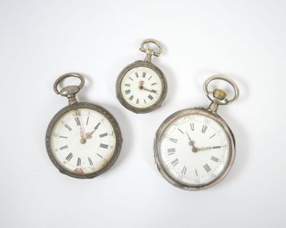 Two silver pocket watches. 
One neck watch...