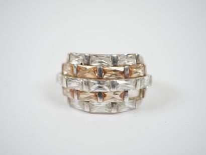Two metal rings, one with five rows of white...