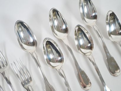 Set of six pieces of silver flatware, Coq...