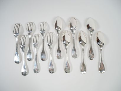 Set of six pieces of silver flatware, Coq...
