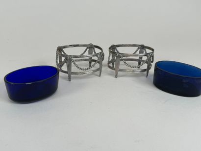 Pair of silver-plated salt cellars with cord...