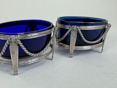 Pair of silver-plated salt cellars with cord...