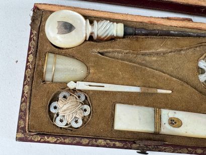 Mother-of-pearl and metal sewing set including...