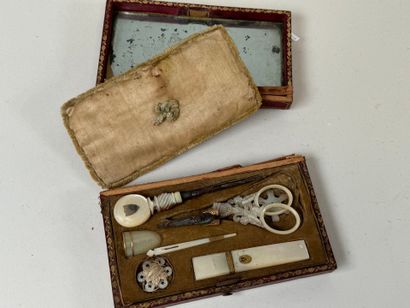 Mother-of-pearl and metal sewing set including...