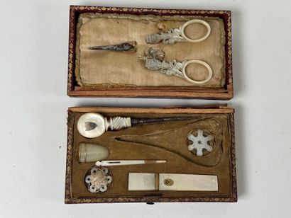 Mother-of-pearl and metal sewing set including...