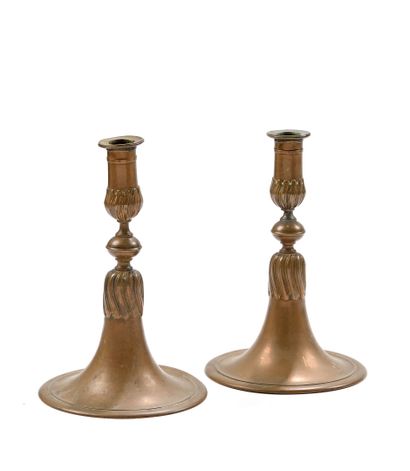 Pair of bronze candlesticks, the vase-shaped...