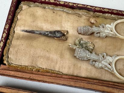 Mother-of-pearl and metal sewing set including...