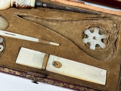 Mother-of-pearl and metal sewing set including...