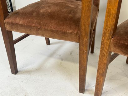 Pair of molded wood armchairs, brown velvet...