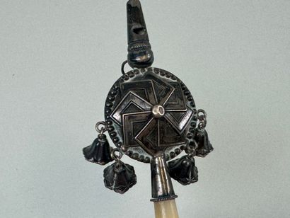 Silver whistling rattle with mother-of-pearl...