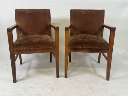 Pair of molded wood armchairs, brown velvet...
