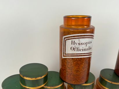 Série de huit pots à pharmacie en verre coloré,...