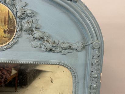 Painted and carved wood overmantel mirror...