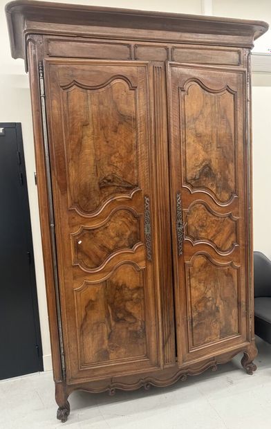 Large walnut armoire opening with two molded...