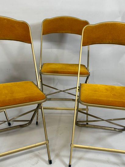 Set of four folding chairs in wood and gilded...