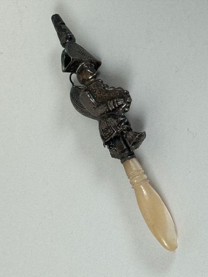 Silver whistling rattle with mother-of-pearl...
