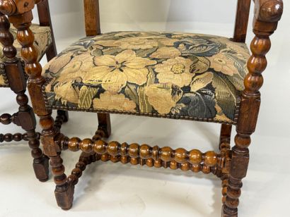 Pair of molded wood armchairs, H-shaped crossbeam,...
