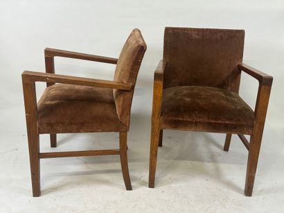 Pair of molded wood armchairs, brown velvet...