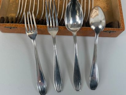 Twelve pieces of silver-plated flatware,...