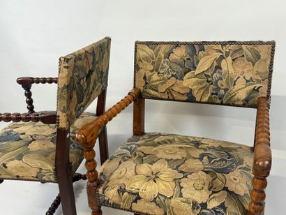 Pair of molded wood armchairs, H-shaped crossbeam,...
