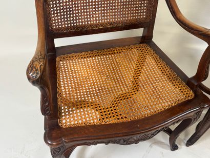 Pair of molded and carved wood armchairs,...