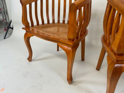 Pair of stained wood armchairs, curved openwork...