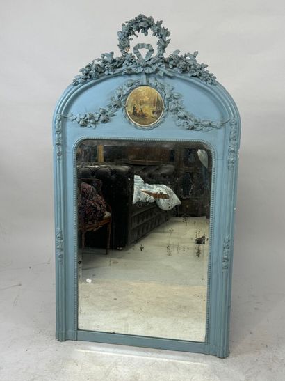 Painted and carved wood overmantel mirror...