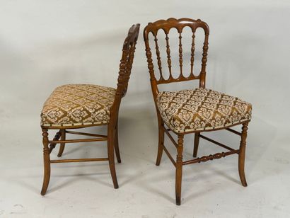 Pair of molded cherrywood chairs, fabric...