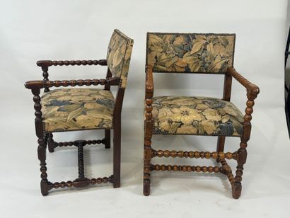 Pair of molded wood armchairs, H-shaped crossbeam,...