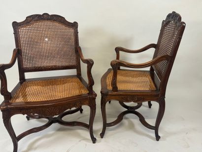 Pair of molded and carved wood armchairs,...