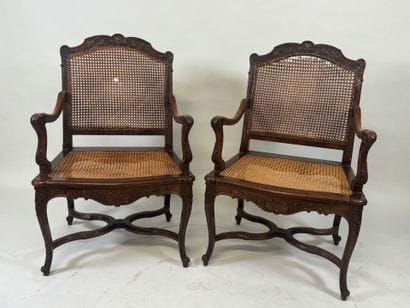 Pair of molded and carved wood armchairs,...