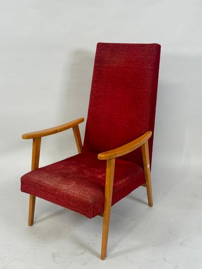 Light wood armchair, red fabric upholstery.
96...