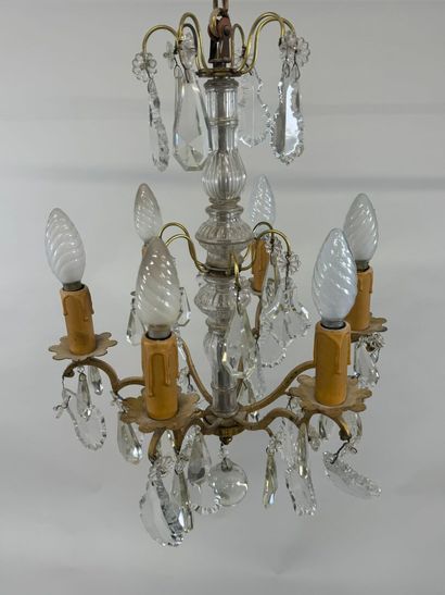 Six-light bronze chandelier with crystal...
