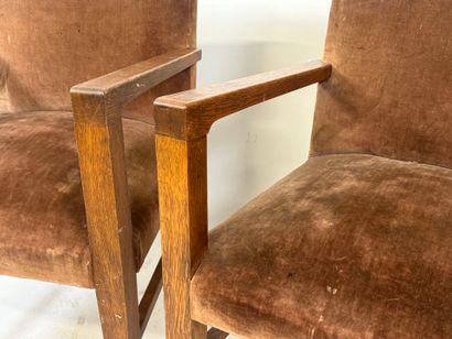 Pair of molded wood armchairs, brown velvet...