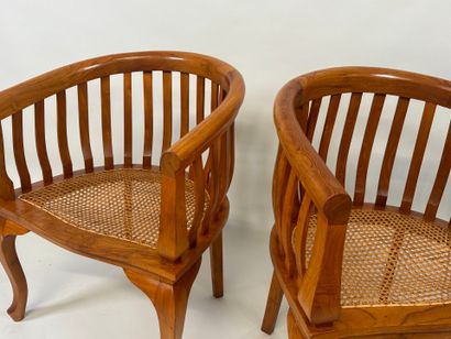 Pair of stained wood armchairs, curved openwork...