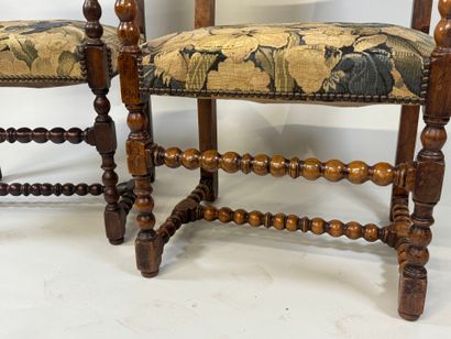 Pair of molded wood armchairs, H-shaped crossbeam,...