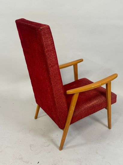 Light wood armchair, red fabric upholstery.
96...