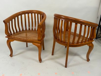 Pair of stained wood armchairs, curved openwork...