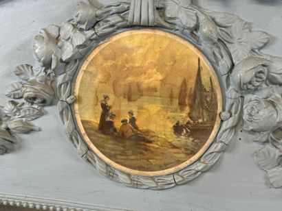 Painted and carved wood overmantel mirror...