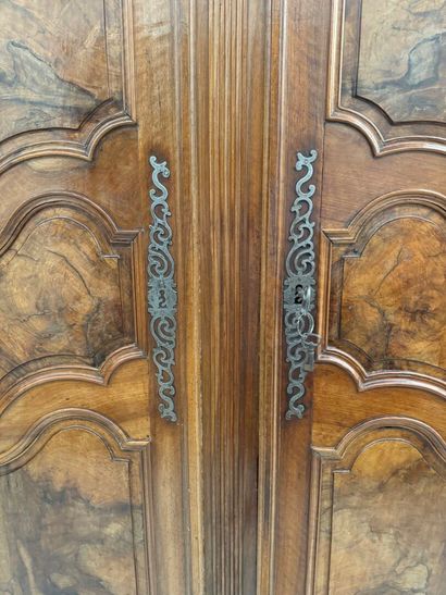Large walnut armoire opening with two molded...