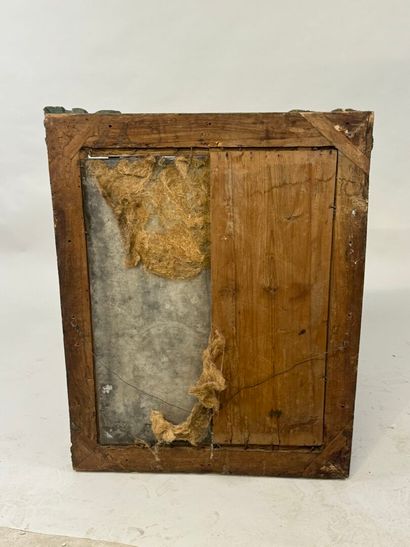 Carved wood mirror with foliate scrolls.
93...