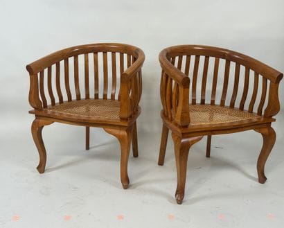 Pair of stained wood armchairs, curved openwork...